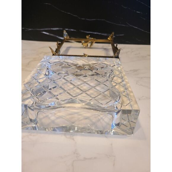 Vintage Glass Crystal Ashtray on a Gilt Ormolu Base Stand Hollywood Regency MCM - Picture 9 of 12